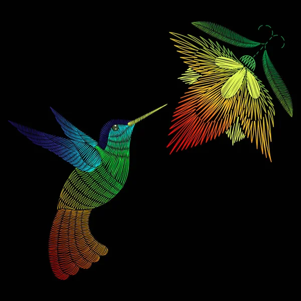 Colibrí bordado, exótico pájaro tropical con flor. Vector — Archivo Imágenes Vectoriales