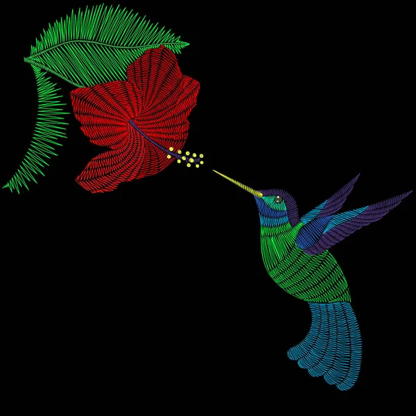Broderi hummingbird, exotiska tropiska fågel med hibiskus blo — Stock vektor