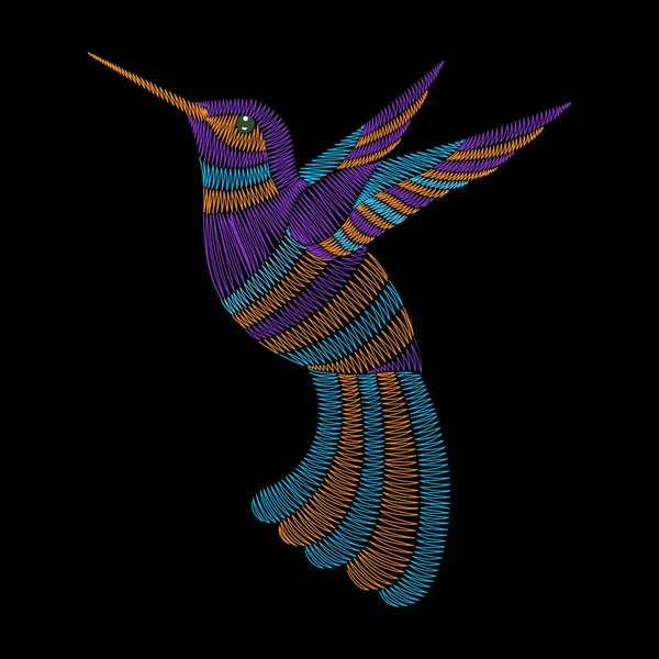 Embroidery hummingbird, exotic tropical bird. Vector fashion orn — Stock Vector