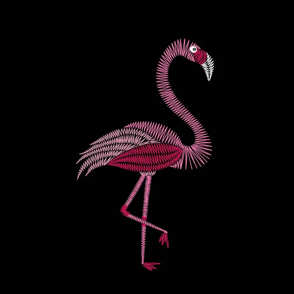 Coutures de broderie avec oiseau flamant rose. Ornement vectoriel de mode — Image vectorielle