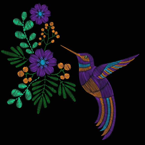 Broderier sömmar med hummingbird, vilda blommor. Vector fashi — Stock vektor