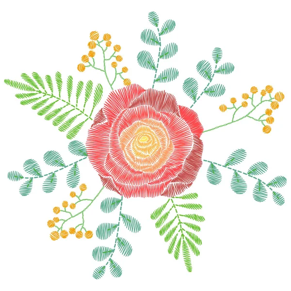 Puntos de bordado con flores de primavera, flores silvestres, rosa, gras — Vector de stock