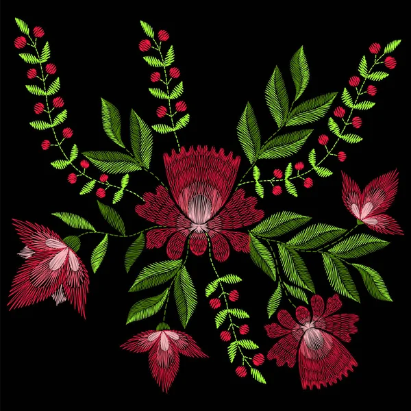 Κεντητικές βελονιές με ροδαλά λουλούδια την άνοιξη. Διάνυσμα μόδα orn — Διανυσματικό Αρχείο