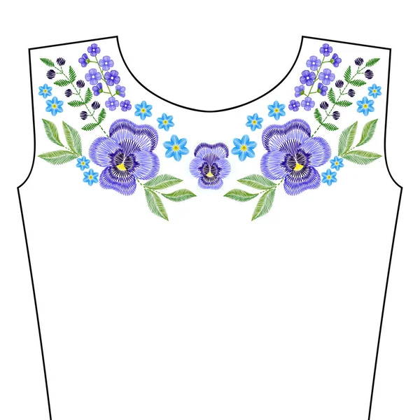 Bordado puntadas con flores violetas primavera, índigo olvidarme — Archivo Imágenes Vectoriales