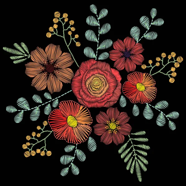 Puntos de bordado con flores silvestres, flores de primavera, hierba, sujetador — Vector de stock