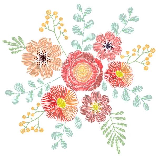 Broderie points de fleurs sauvages, fleurs de printemps, herbe, soutien-gorge — Image vectorielle