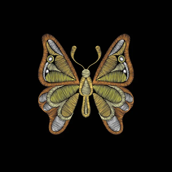 Вышивка с золотой бабочкой. Шаблон для текстиля — стоковый вектор