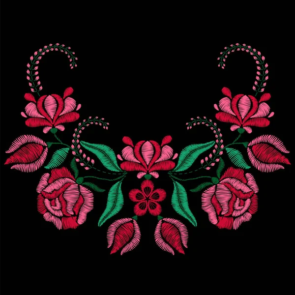 Broderie aux roses, fleurs de printemps. Collier pour tissu, texte — Image vectorielle