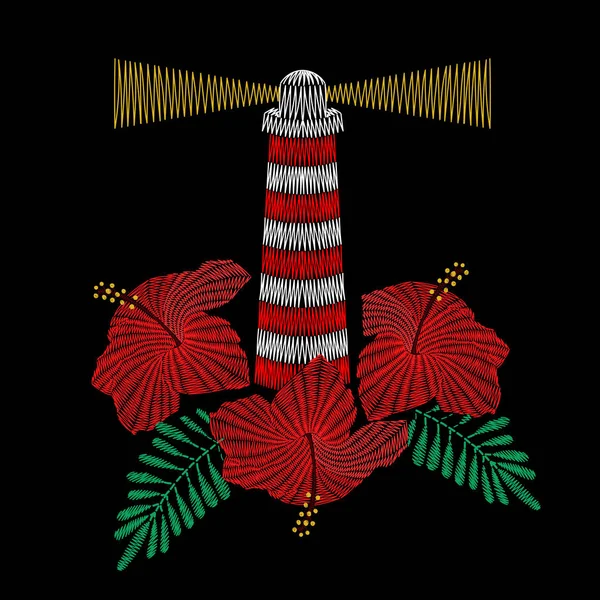Ilustración vectorial del bordado del faro con hilo de hibisco — Archivo Imágenes Vectoriales