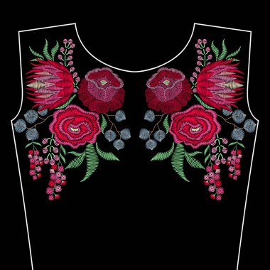 Nakış moda yaka bahar çiçek, gül, protea ile. 