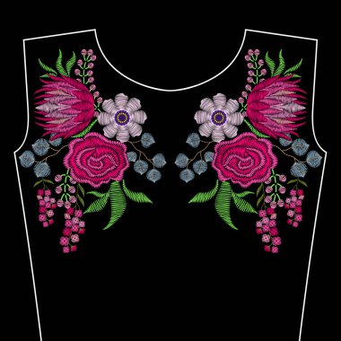 Bahar çiçekleri ile nakış moda yaka. Vektör çiçek o