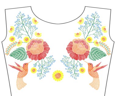 Nakış hummingbird için papatya gül, bahar çiçekleri ile 