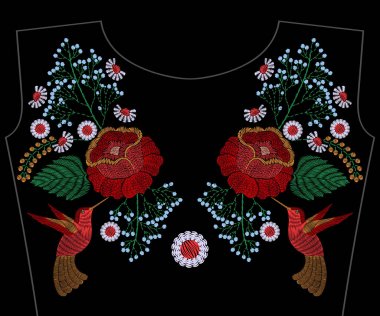 Nakış hummingbird, bahar çiçekleri, papatya için ile gül 