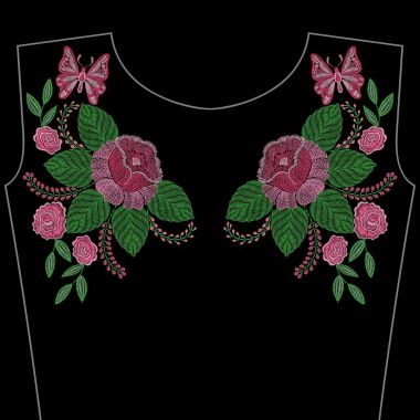 Nakış dikiş ile bahar çiçek, gül, pas kelebek