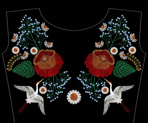 刺繍アジア クレーンのカモミール バラ、春の花 — ストックベクタ