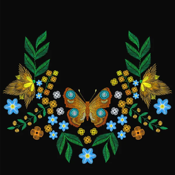Bordado de moda de pavo real mariposa con flores de primavera. Vector — Vector de stock