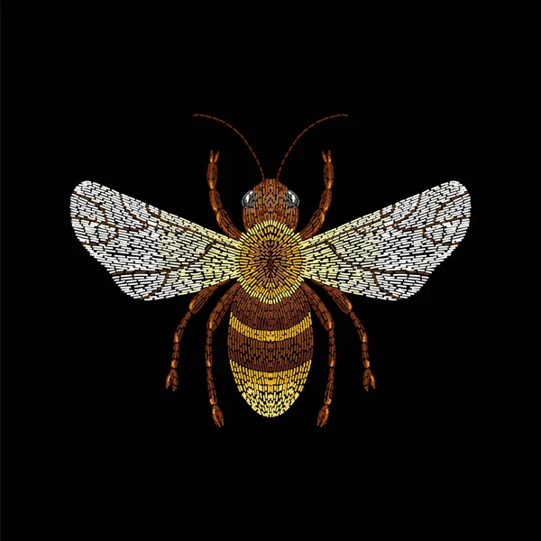 Broderie abeille de mode. Insecte vecteur sur fond noir pour te — Image vectorielle