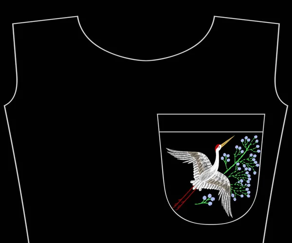Вышивка летающие текстильные крановые птицы с летними полевыми цветами для — стоковый вектор