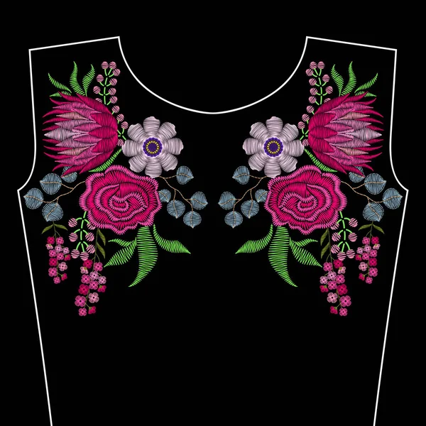 Broderie décolleté de mode avec des fleurs de printemps. Vecteur floral o — Image vectorielle