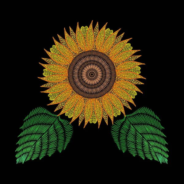 Embroidery patch with sunflower. Vector fashion embroidered flor — Stock Vector