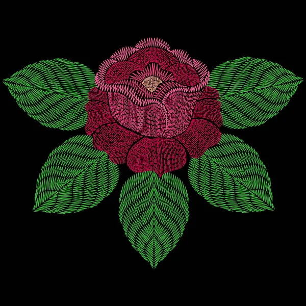 Patch de bordado com flor de rosa. Vector moda bordada ou — Vetor de Stock