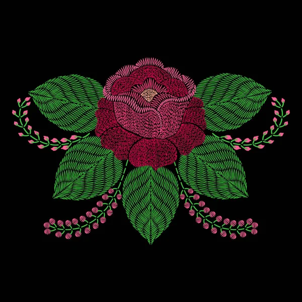 Bordado rosa flor. Vector moda bordado ornamental ba —  Vetores de Stock