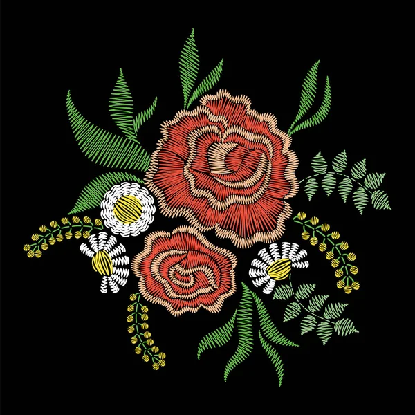 Embroidery stitches rose flowers for neckline. Vector fashion or