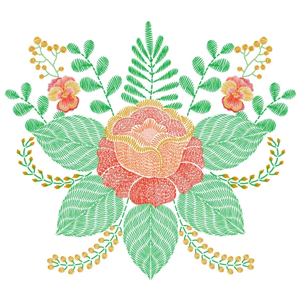 Piqûres de broderie avec des fleurs de rose orange, herbe, branches. V — Image vectorielle