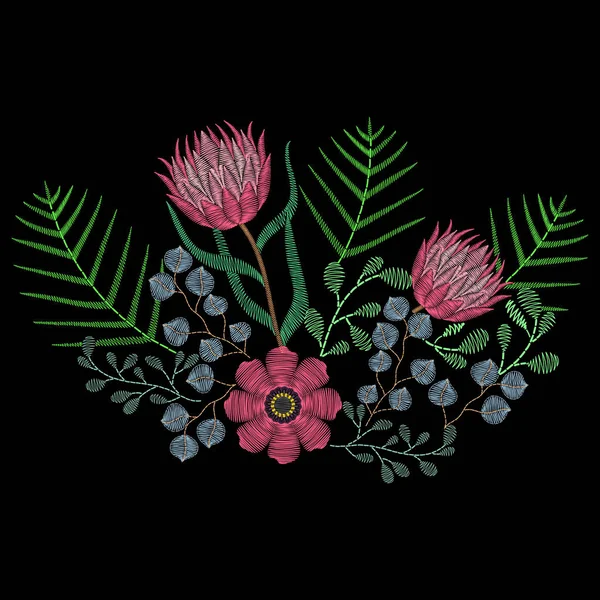 Stickereien mit rosa Protea, Sukkulenten, Sommerblumen — Stockvektor