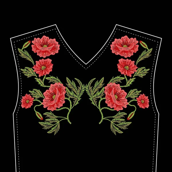 Vyšívací stehy červeného máku divoce rostoucích květin, módní oprava f — Stockový vektor
