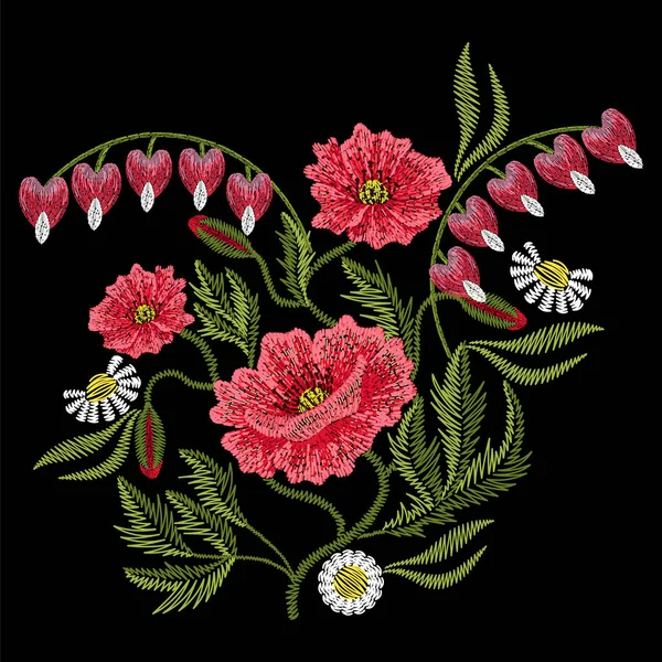 刺绣针与红罂粟、 洋甘菊、 破碎的心野 — 图库矢量图片