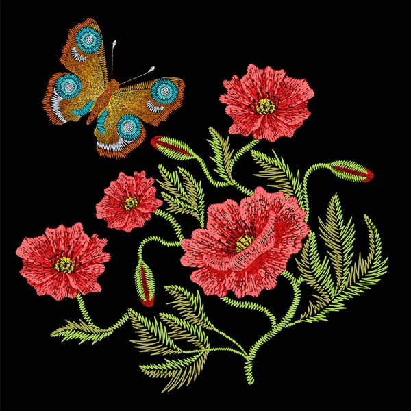Coutures de broderie avec des fleurs sauvages de pavot rouge, papillon de paon — Image vectorielle