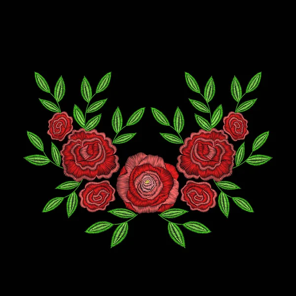 Puntos de bordado con flores de rosa para el escote. Vector fashi — Vector de stock