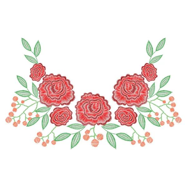 Broderie points de fleurs roses, baies pour encolure. Végétaux — Image vectorielle