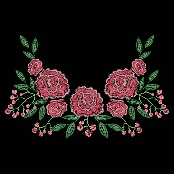 Bordado puntadas con flores de rosa, bayas para el escote. Vec — Vector de stock