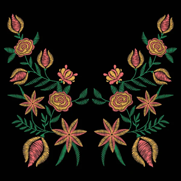 Κεντητικές βελονιές με ανοιξιάτικα λουλούδια, αγριολούλουδα, τριαντάφυλλα για — Διανυσματικό Αρχείο