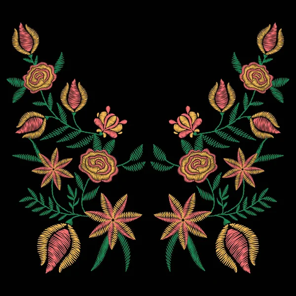 Stickereien mit Frühlingsblumen, Wildblumen, Rosen für — Stockvektor