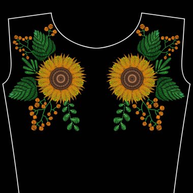 Nakış dikiş yaka için ayçiçeği, Sarı çiçekli.