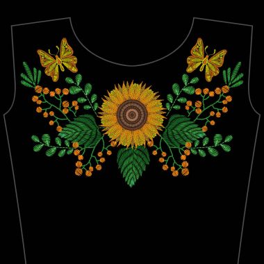 Nakış dikiş ile ayçiçeği, sarı çiçekler, fo kelebek