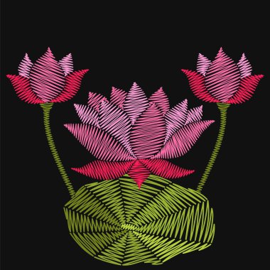 Lotus nakış siyah arka plan üzerine. Moda vektör illustratio