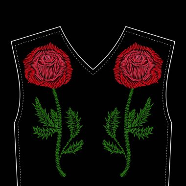 Kırmızı gül nakış dikiş siyah arka plan üzerine. Moda ben vektör