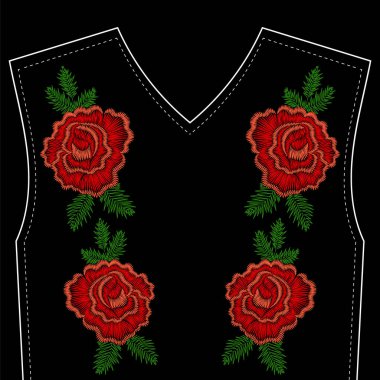 Yaka için siyah arka plan üzerinde kırmızı gül nakış. Moda ve