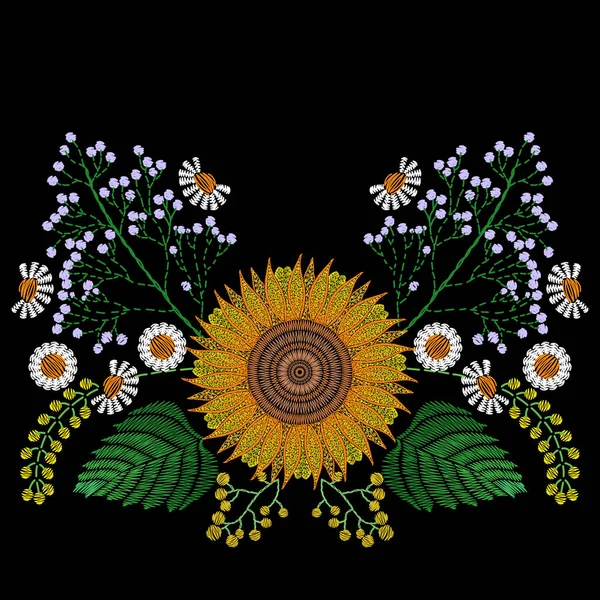 Modèle de tournesol broderie avec fleurs sauvages, camomille,. Végétaux — Image vectorielle