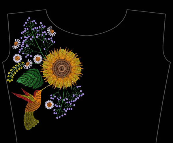 Вишивка соняшником з колібрі, польовими квітами, літньою камерою — стоковий вектор