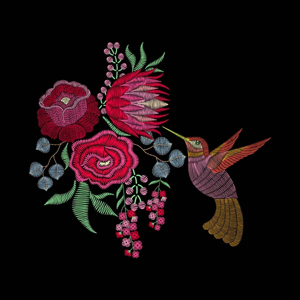 Мода вышивка патч с колибри, весенние цветы, розы — стоковый вектор