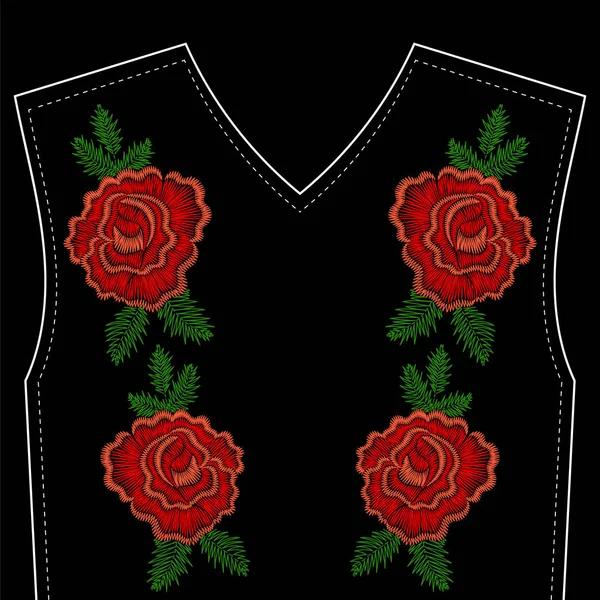 Вышивка из красной розы на черном фоне для выреза. Мода — стоковый вектор