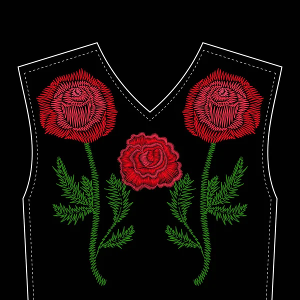 Вышивка из красной розы. Векторная иллюстрация моды для шеи — стоковый вектор