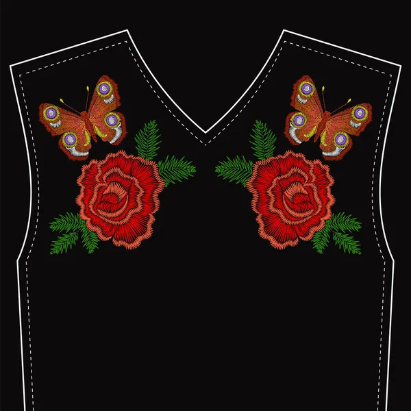 Röd ros med fjäril broderi på svart bakgrund för neckl — Stock vektor