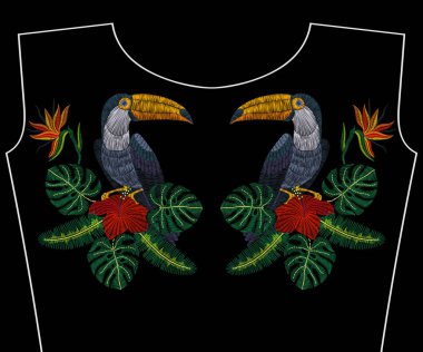 Nakış toucan moda kolye, kız giydir, vektör çizim için tropikal çiçeklerle kadın t-shirt, Tasarım Giyim, vintage grafik dikiş, modern tarz.
