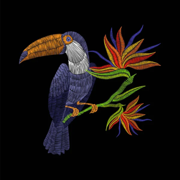 Embroidery toucan with tropical flowers. Vector artwork illustration for fashion clothing, patches and stickers. Exotic bird and hawaii leaves for decor, fabric design elements. — Stock Vector